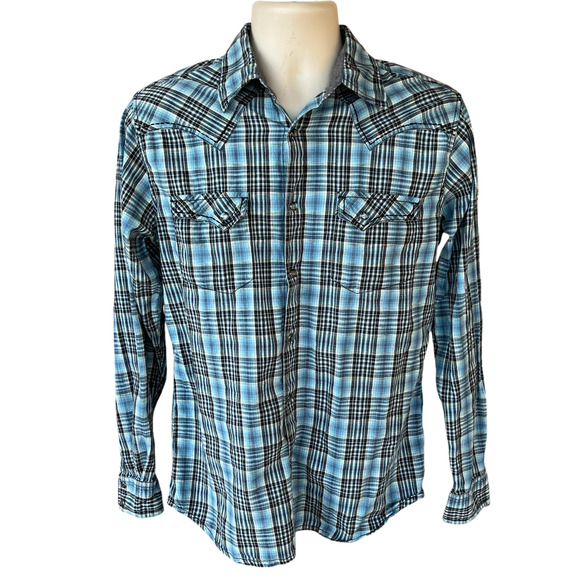 Moonshine Spirit Blue Plaid Western Slim Fit Shirt Pearl Snap Button Mens S - Picture 1 of 10